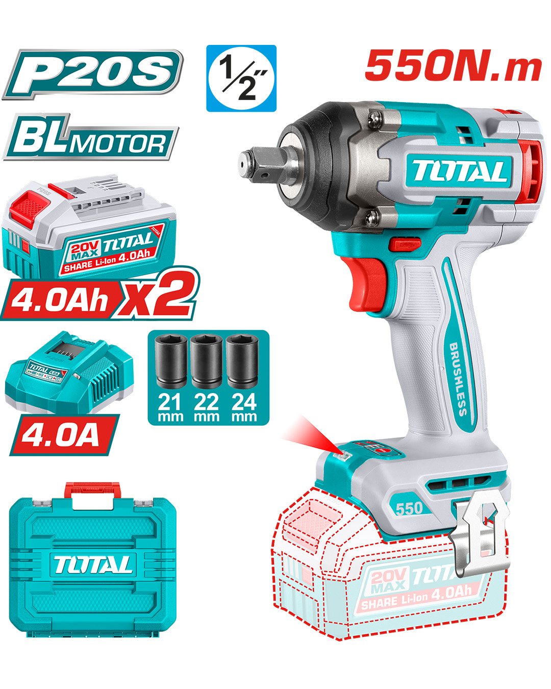 Brushless Impact Wrench 20V, 550Nm