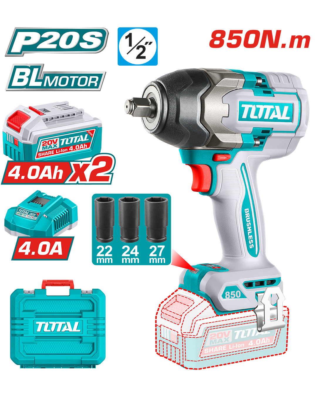 Monster Torque Impact Wrench 20V, 850Nm